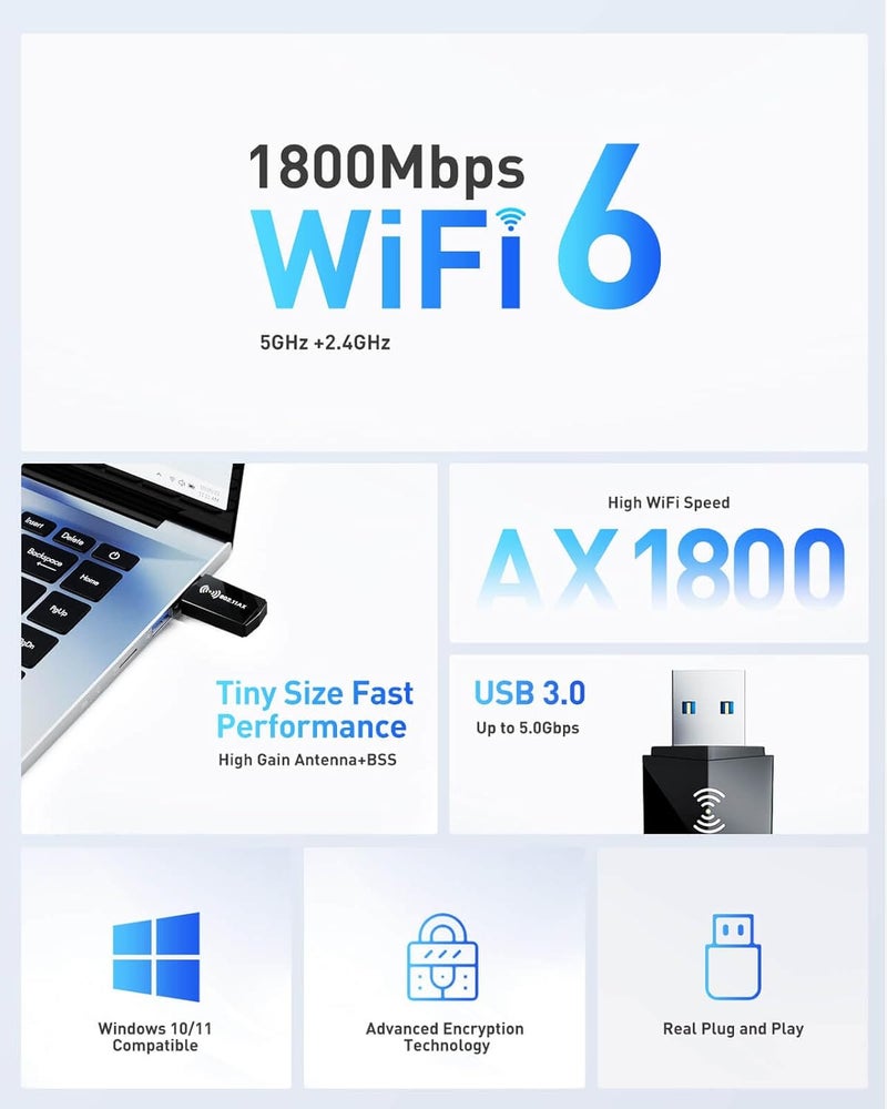 Nineplus USB WiFi Adapter for PC Desktop - WiFi 6 AX1800Mbps 5GHz 2.4GHz USB 3.0 Wireless Wi-Fi Network Adapter for Desktop Computer Laptop with High Gain Wi-Fi Antenna Supports Win11/10 - Image 2
